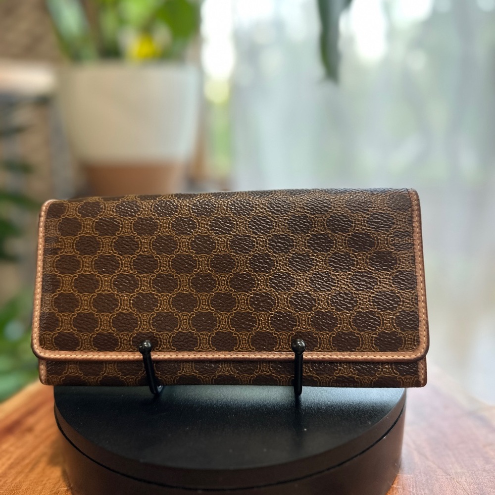 Vintage Celine Macadam Continental Wallet Brown Coated Canvas Long Wallet